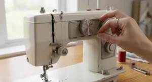 Illustration showing a hand turning the tactile stitch selector and length control dial on a modern mechanical sewing machine.