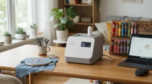 An affordable smart WiFi sewing machine set up on a compact crafting table in a terraced house hobby room.