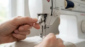 Close-up of the automatic threading mechanism on a sewing machine during a craft project.