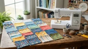 A hobbyist quilting colourful squares with an automatic threading sewing machine.