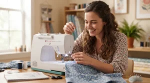 A beginner learning to thread user-friendly computerised sewing machines at home