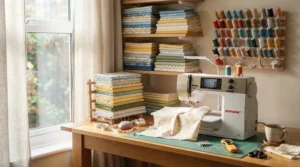 An automatic threading sewing machine set up near a window for daylight sewing.