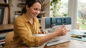 A beginner crafter learning to use the speed control slider on a user-friendly computerised sewing machine.