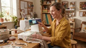 A beginner crafter easily adjusting speed settings on a touchscreen sewing machine for home alterations