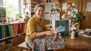 A beginner smiling while operating a sewing machine with automatic threading for a textile class