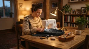 Using a budget automatic threading sewing machine for evening repairs on the dining table.
