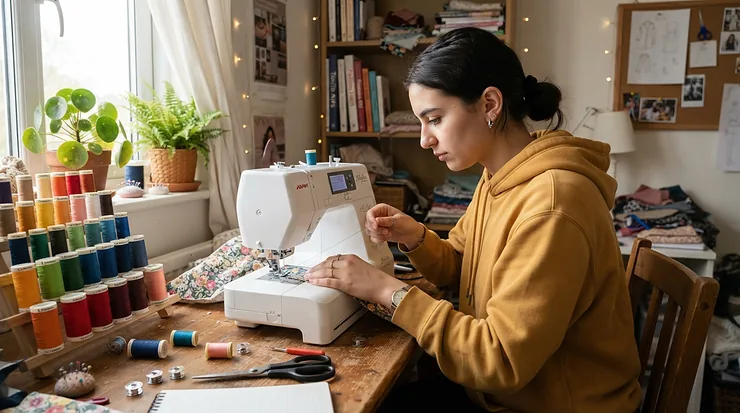 A university student setting up a cheap automatic threading sewing machine on a compact desk.