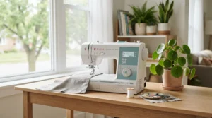 A compact touchscreen sewing machine placed on a small desk in a bright London flat