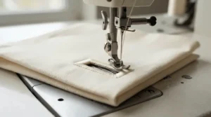 A computerised sewing machine automatically stitching a precise buttonhole on a linen jacket cuff.