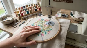Close-up of a computerised sewing machine stitching a complex decorative pattern from its extensive digital stitch library onto cotton fabric.