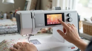 Close-up of a beginner using the digital display on a computerised sewing machine for beginners to select a stitch pattern.