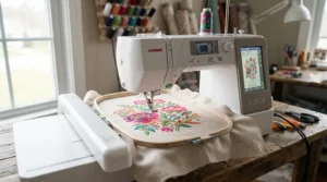 Exploring embroidery features on a computerised sewing machine for beginners with an attached embroidery hoop.