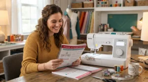 A novice sewist smiling while working through the learning curve on a computerised sewing machine for beginners.