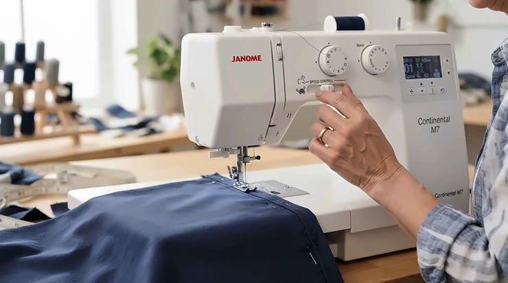 Demonstrating the adjustable speed slider on a computerised sewing machine for beginners during a dressmaking project.