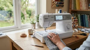 A neat tabletop setup featuring a computerised sewing machine for beginners with a digital screen in a brightly lit craft room.