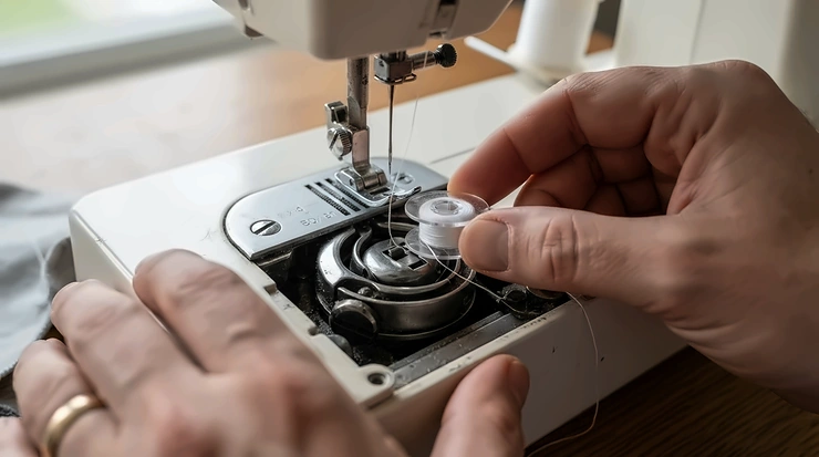 Dropping a drop-in bobbin into the transparent case of a modern computerised sewing machine during routine upkeep.