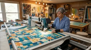 A large computerised sewing machine equipped with an extension table for free-motion quilting a patchwork blanket.