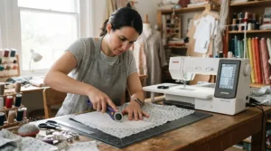 A dressmaker working on a garment using advanced computerised sewing machines in a bright British studio