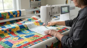 Piecing together a patchwork quilt with the help of computerised sewing machines in a cosy home