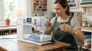 A dexterity-friendly sewing machine for arthritis featuring automatic threading and oversized control dials