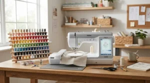 Setting up mid-range computerised sewing machines on a hobbyist workbench with colourful thread spools