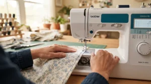 Close-up of a person using a sewing machine with automatic threading to finish a garment hem