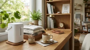 A compact computerised sewing machine set up on a desk in a modern British apartment for a weekend sewing hobby.