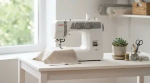 A compact portable sewing machine with automatic threading placed on a small apartment desk