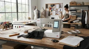 A high-end touchscreen sewing machine set up in a professional British fashion designer studio