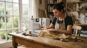 A dressmaker working on a tailored garment using a programmable computerised sewing machine with automatic thread trimming.