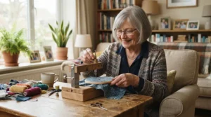 An older adult comfortably using a push-button sewing machine for beginners designed with low-effort arthritis-friendly features.