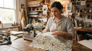 Using a push-button sewing machine for beginners to finish a neat skirt hem for a starter dressmaking project in a cosy craft room.