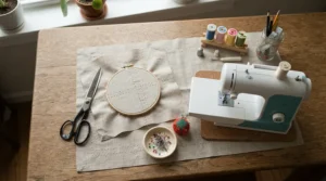 The ergonomic workspace layout surrounding a push-button sewing machine for beginners with accessible tools and pins.