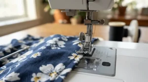 Practising straight stitches on scrap cotton using a push-button sewing machine for beginners in a bright home studio.