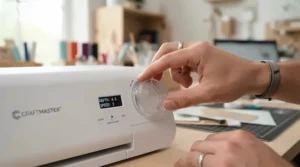Adjusting the simple speed settings on a push-button sewing machine for beginners for a relaxed starter sewing lesson.