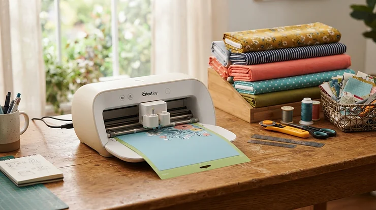 A push-button sewing machine for beginners set up on a wooden craft table with a vibrant cotton fabric swatch ready for a first project.