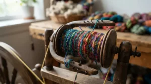 Close-up of a push-button sewing machine for beginners showing a brightly coloured thread spool loaded and ready for simple stitching.