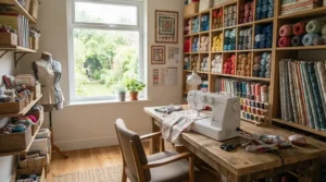A cosy craft room setup featuring a sewing machine for arthritis with automatic threading