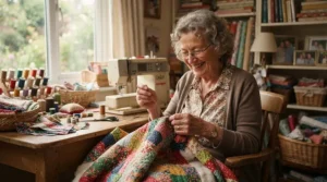 An elderly crafter smiling while using a sewing machine for arthritis with automatic threading at a kitchen table