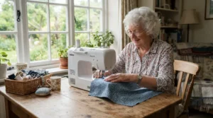 Close-up of a sewing machine for arthritis automatic threading being used for home dressmaking in a bright living room