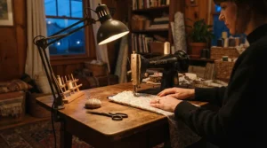 A sewing machine with automatic threading operating under a stylish desk lamp during an evening project