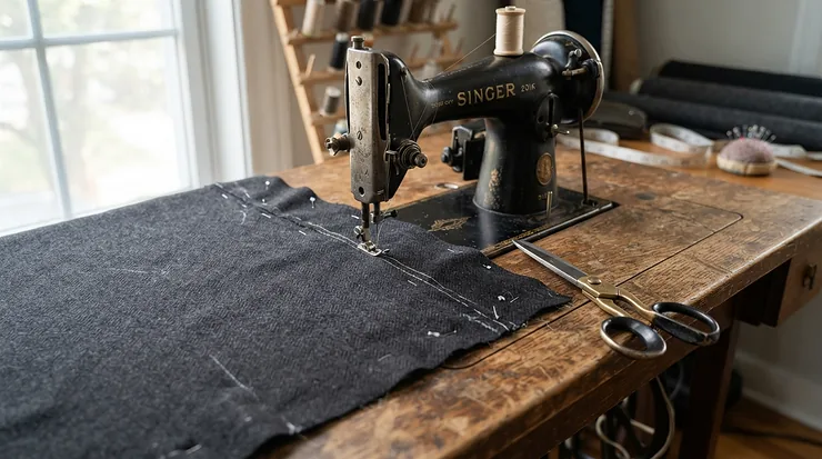 A sewing machine with automatic threading used for bespoke dressmaking with wool fabric