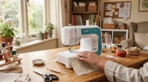 A sewing machine with automatic threading set up on a wooden craft table in a bright modern studio