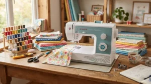 A sewing machine with automatic threading ready for a patch-working project in a living room
