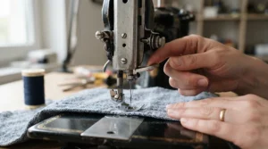 Demonstrating the top automatic needle threader on a sewing machine for arthritis designed for seniors