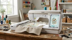 A touchscreen sewing machine featuring an extra-large screen display for complex embroidery designs