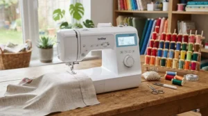 A modern touchscreen sewing machine set up on a wooden craft room table with colourful thread spools nearby