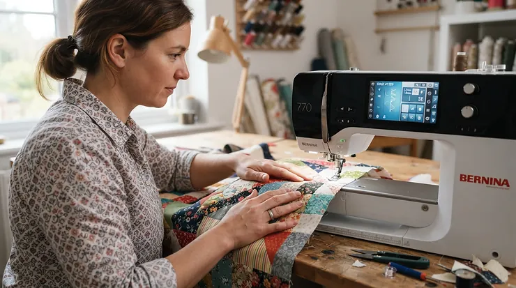 Using a touchscreen sewing machine to program custom stitch lengths for a patchwork quilt