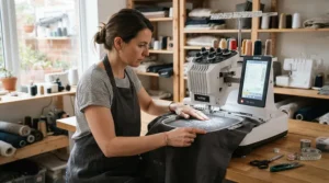 Working on intricate dressmaking details using touchscreen sewing machines for beginners