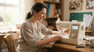 A starter enthusiast exploring digital crafting features on touchscreen sewing machines for beginners